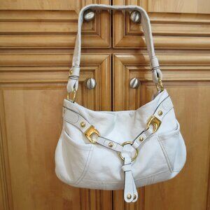 B Makowsky White Leather Shoulder Satchel Handbag with Gold Hardware